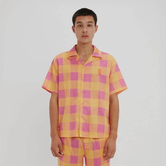 NEW Sz M Medium Les Girls Les Boys Giant Gingham Orange Pink Print Pajama Shirt - Picture 5 of 8